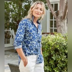 NWOT SZ M Frank & Eileen Frank Liberty Fabric Modern  Blue Floral print